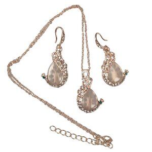 Rose Gold Crystal Teardrop Necklace & Earring Set Green Accents Filigree Design